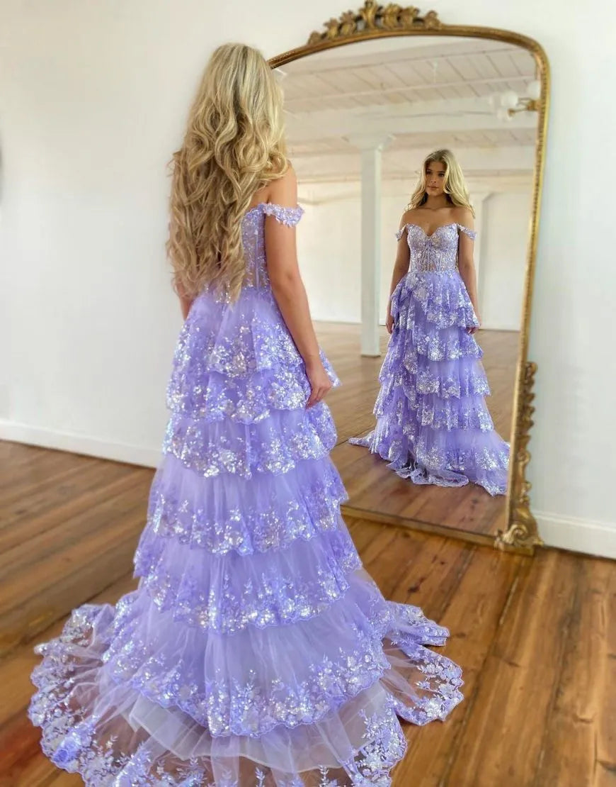 Wholesale Gorgeous A-Line Off The Shoulder Tiered Prom Dress With Split